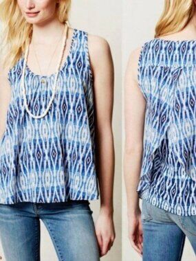 Meadow Rue Anthropologie Indigo Blue Ikat Swing Sleeveless Tank Merlon Top XS